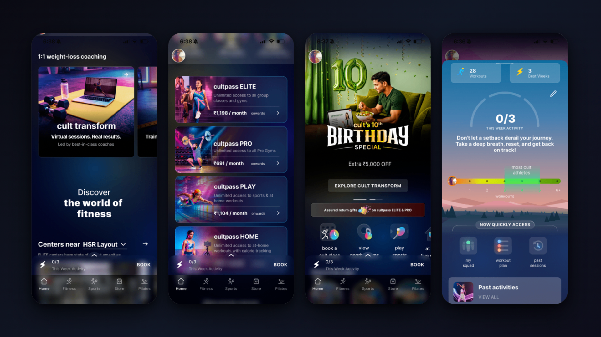 Four screens of the original Cure.fit app showing competing promotions, dense entry points, and crowded navigation — the 'before' state the redesign solved.